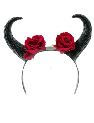 Kostümzubehör Haarreif mit Hörnern und Blumen schwarz/rot