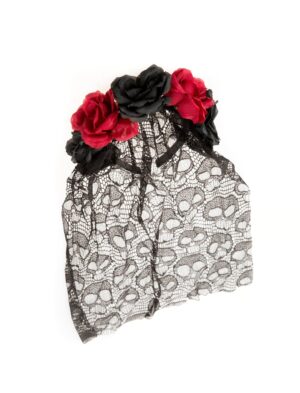 Kostümzubehör Haarreif mit Rosen & Schleier rot/schwarz