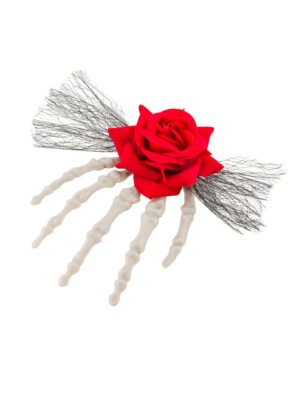 Kostümzubehör Haarspange Skeletthand mit Rose schwarz/rot