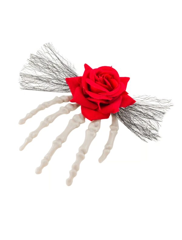 Kostümzubehör Haarspange Skeletthand mit Rose schwarz/rot