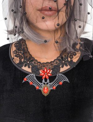 Kostümzubehör Halsband Fledermaus mit Steinen rot