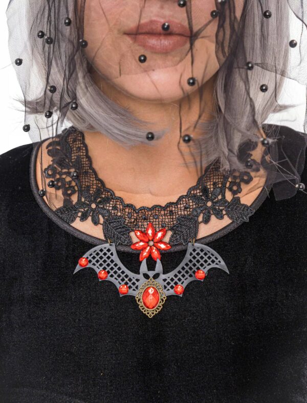 Kostümzubehör Halsband Fledermaus mit Steinen rot