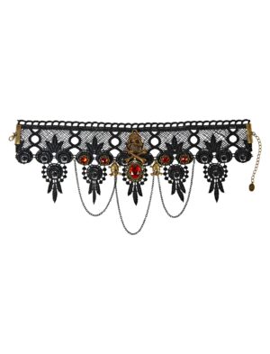 Kostümzubehör Halsband Spitze Totenkopf und rote Kristalle