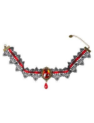 Kostümzubehör Halsband Spitze mit Kristall rot