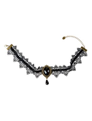 Kostümzubehör Halsband Spitze mit Kristall schwarz