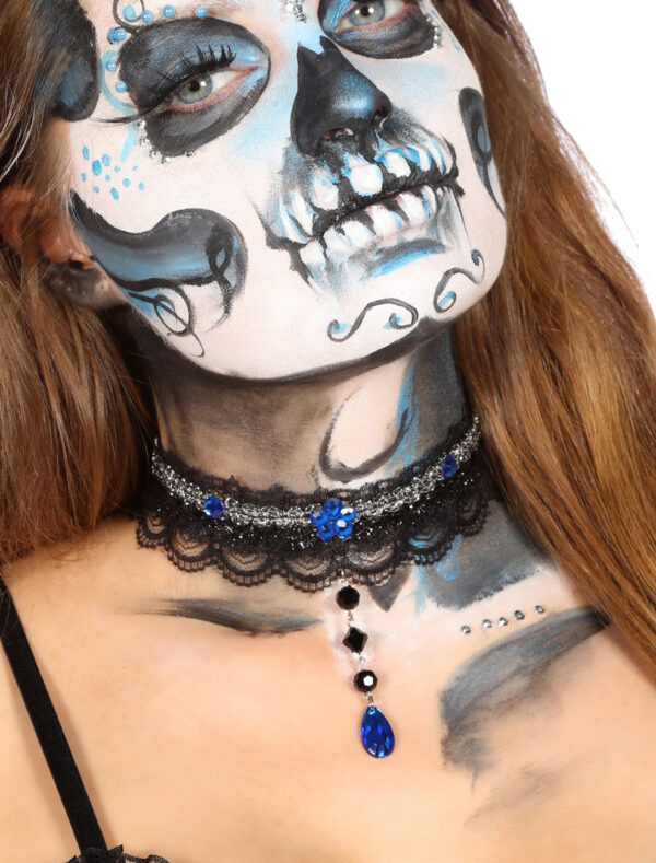 Kostümzubehör Halsband schwarz mit blauen Steinen