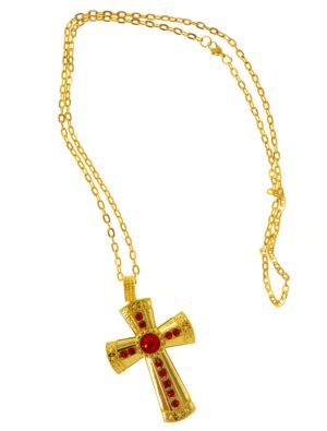 Kostümzubehör Halskette Kreuz gold mit roten Steinen