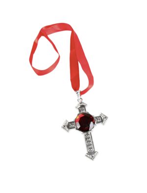 Kostümzubehör Halskette Kreuz mit rotem Stein