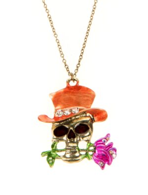 Kostümzubehör Halskette Totenkopf mit Rose Farbe: bunt