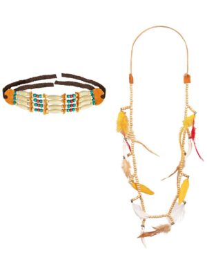 Kostümzubehör Halskette und Choker Set Indianer Farbe: beige
