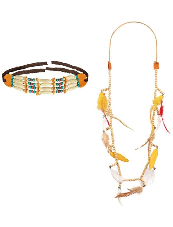 Kostümzubehör Halskette und Choker Set Indianer Farbe: beige