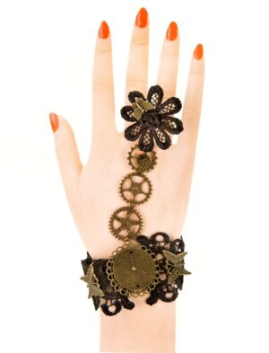 Kostümzubehör Handkette mit Schmetterling & Zahnrädern schwarz