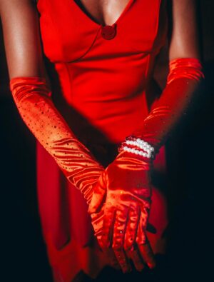 Kostümzubehör Handschuhe Satin mit Strass 50cm rot