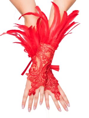 Kostümzubehör Handschuhe mit Federn und Spitze rot