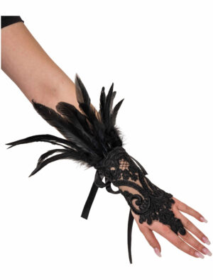 Kostümzubehör Handschuhe mit Federn und Spitze schwarz