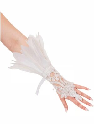 Kostümzubehör Handschuhe mit Federn und Spitze weiß