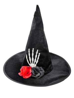 Kostümzubehör Hexenhut schwarz mit Rose und Skeletthand