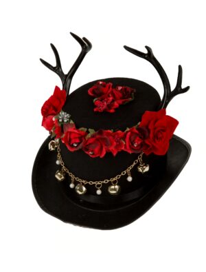 Kostümzubehör Hut Geweih mit Blumen und Glöckchen Farbe: schwarz/rot