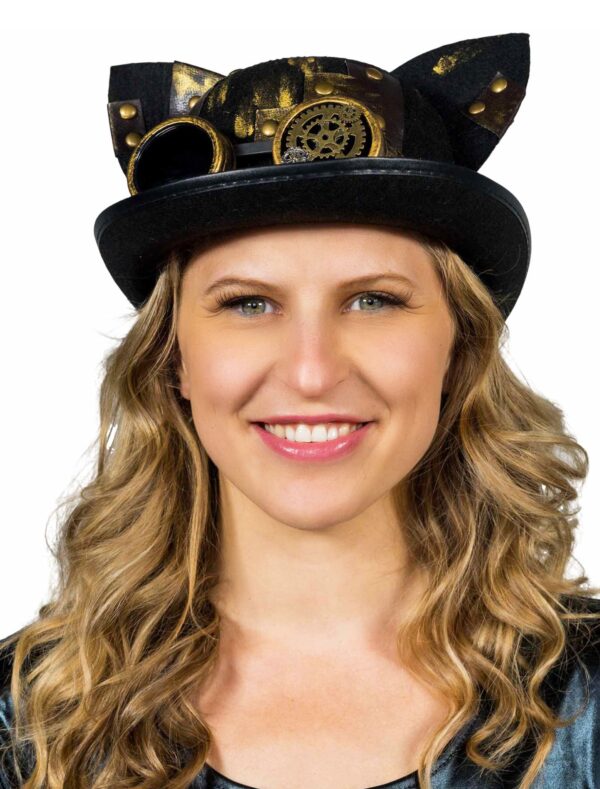 Kostümzubehör Hut Steampunk mit Brille schwarz/gold 58