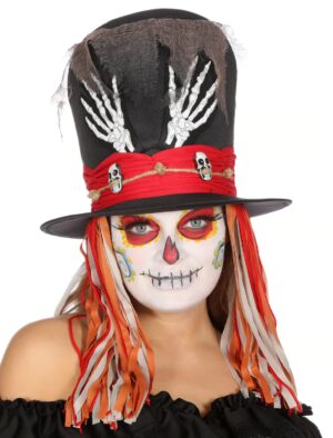 Kostümzubehör Hut Vodoo schwarz/rot mit Skeletthänden