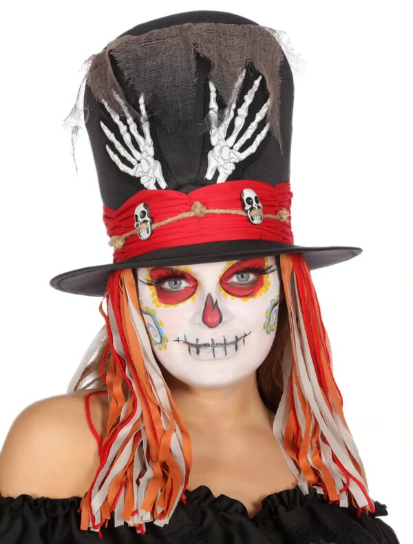 Kostümzubehör Hut Vodoo schwarz/rot mit Skeletthänden