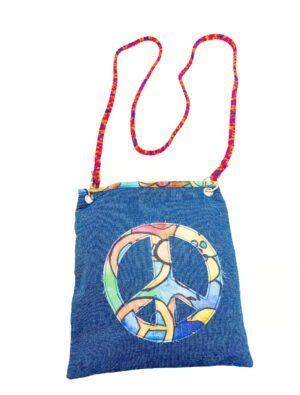 Kostümzubehör Jeanstasche mit bunten Peacezeichen blau