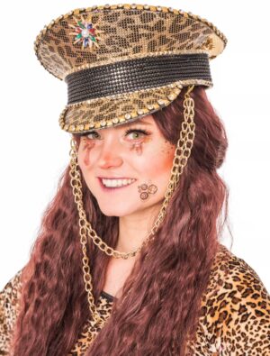 Kostümzubehör Kappe Leopard schwarz/braun mit Nieten und Kristallen