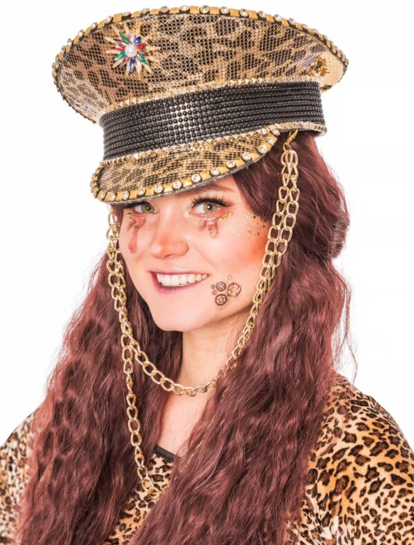 Kostümzubehör Kappe Leopard schwarz/braun mit Nieten und Kristallen