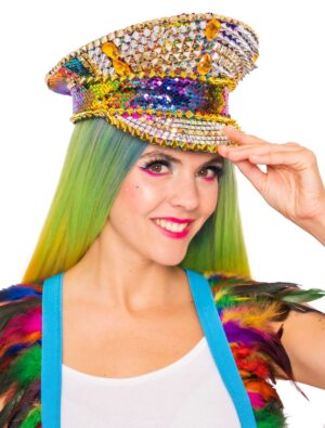 Kostümzubehör Kappe Pailletten bunt mit Nieten Farbe: mehrfarbig