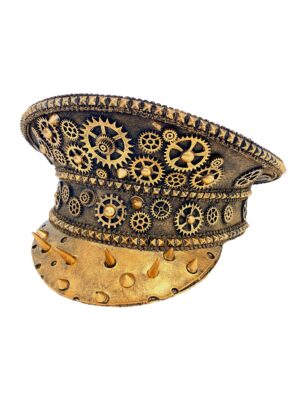 Kostümzubehör Kappe gold mit Zahnräder und Nieten