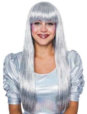 Kostümzubehör Kostümzubehör Perücke Space lang glatt Pony silber one size