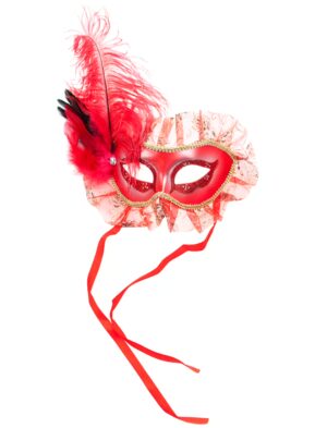 Kostümzubehör Maske Domino mit Spitze und Feder rot