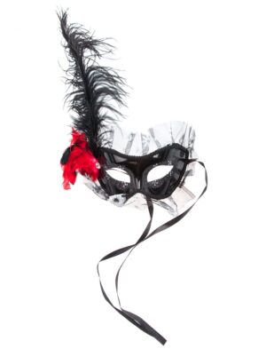 Kostümzubehör Maske Domino mit Spitze und Feder schwarz