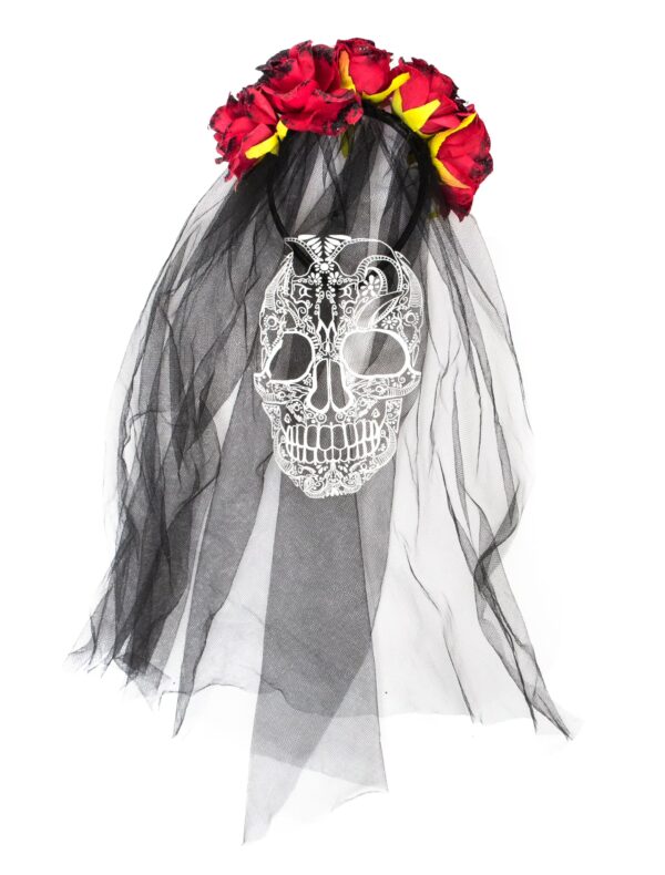 Kostümzubehör Maske Totenkopf mit Blumenhaarreif Farbe: weiß