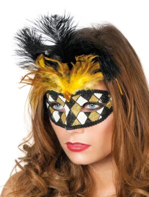 Kostümzubehör Maske Venedig mit Federn kariert schwarz/gold