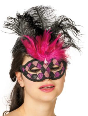 Kostümzubehör Maske Venedig mit Federn kariert schwarz/pink