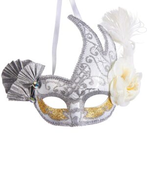 Kostümzubehör Maske Venezia mit Federn silber