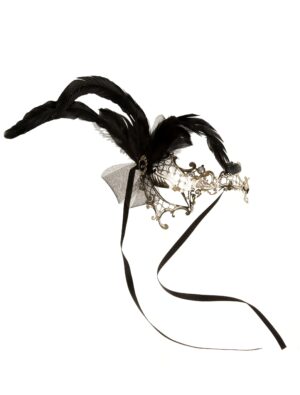 Kostümzubehör Maske mit Kristallen und Federn silber