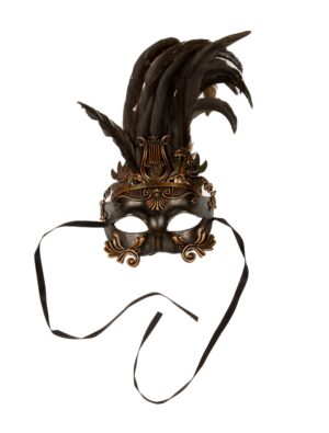 Kostümzubehör Maske schwarz mit Federn gold