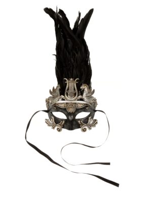 Kostümzubehör Maske schwarz mit Federn silber
