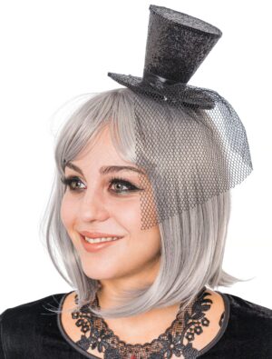Kostümzubehör Mini Zylinder mit Tüll glitzernd schwarz