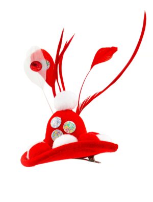 Kostümzubehör Minihut rot/weiß mit Pompoms und Federn