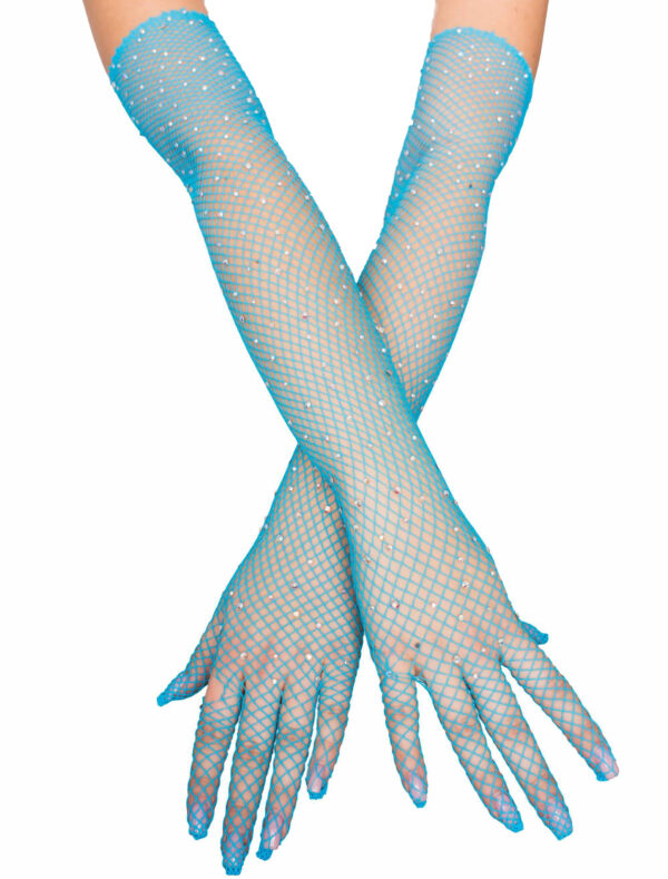 Kostümzubehör Netzhandschuhe mit Strasssteinen blau one size