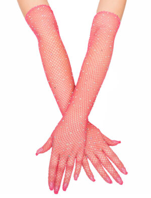 Kostümzubehör Netzhandschuhe mit Strasssteinen pink one size