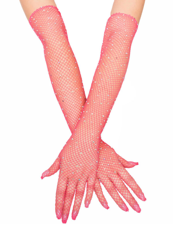 Kostümzubehör Netzhandschuhe mit Strasssteinen pink one size