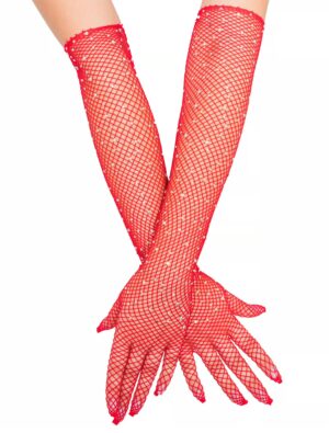 Kostümzubehör Netzhandschuhe mit Strasssteinen rot one size