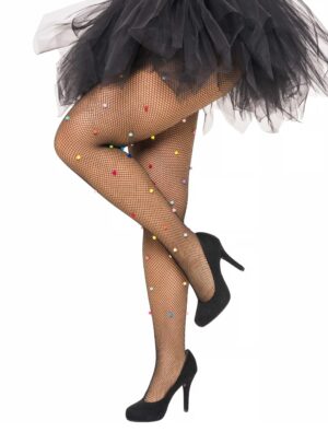 Kostümzubehör Netzstrumpfhose grob schwarz mit Pompoms bunt one size