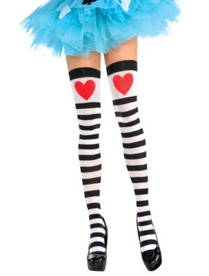 Kostümzubehör Overknees gestreift schwarz/weiß mit Herz rot