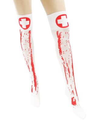 Kostümzubehör Overknees weiß mit Kreuz blutig
