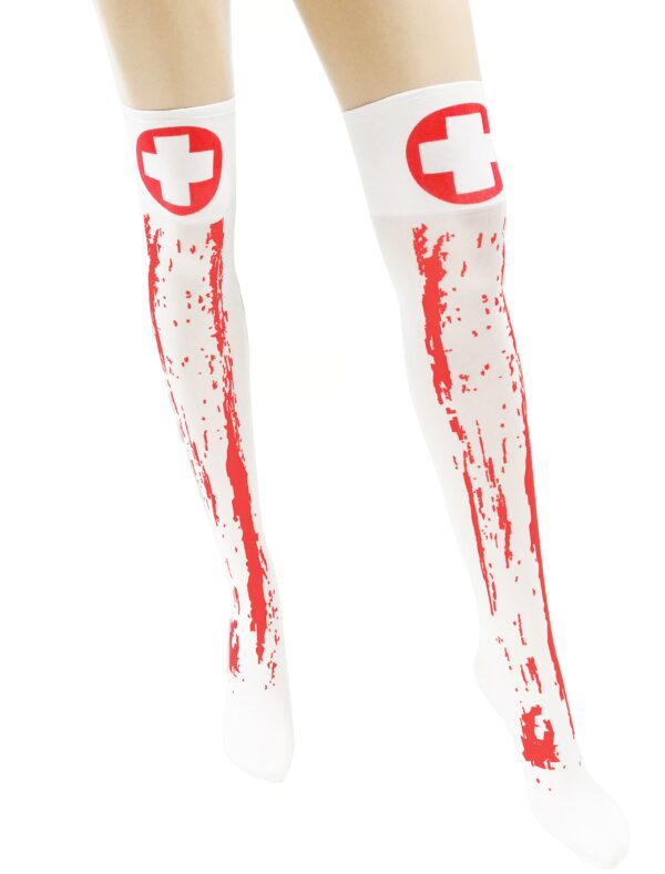 Kostümzubehör Overknees weiß mit Kreuz blutig
